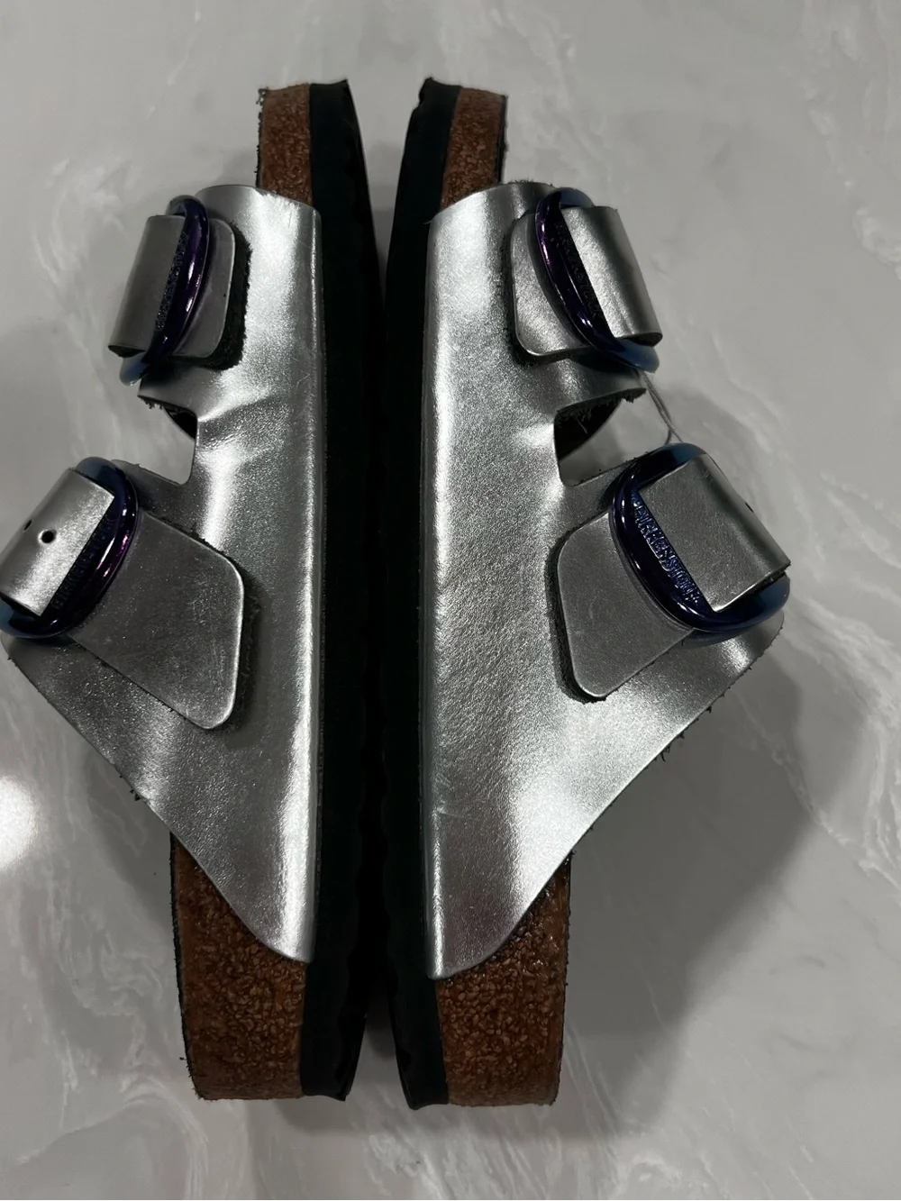 Birkenstock Arizona Big Buckle Slide Sandals Silver Metallic Leather Women's 37
